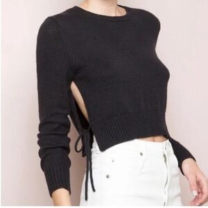 Brandy Melville Avah Black Side Cut Out Tie Long Sleeve Cropped Sweater